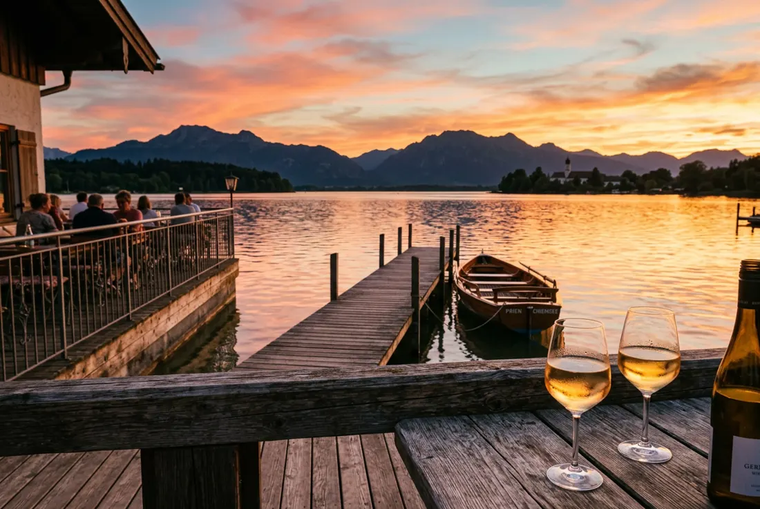 Sunset over Lake Chiemsee from a lakeside terrace