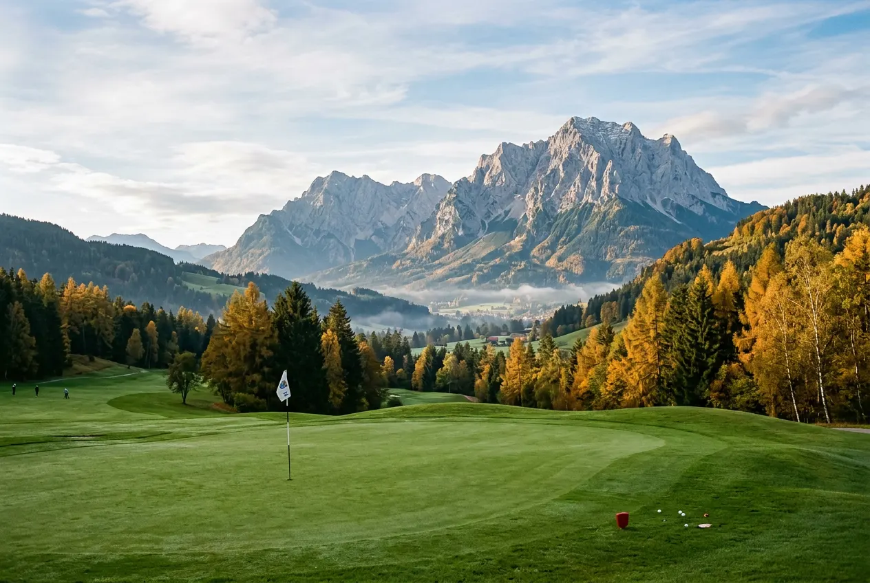 A golf green in Garmisch-Partenkirchen with the Wetterstein mountains behind in autumn