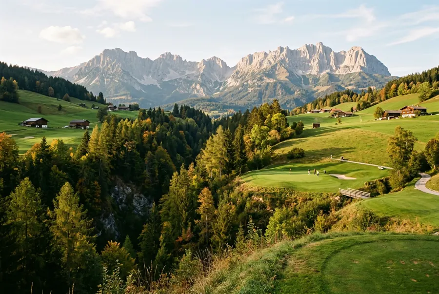 A mountain golf green near Kitzbühel with the Wilder Kaiser peaks behind