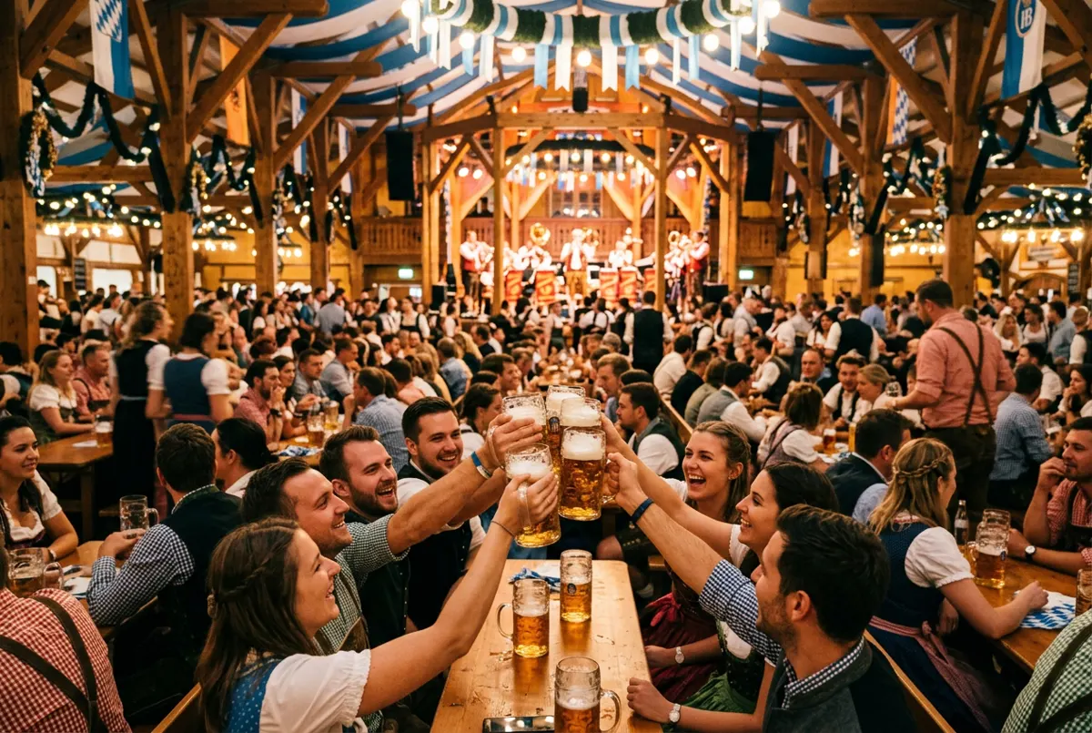 Friends raising one-liter steins inside an Oktoberfest beer hall